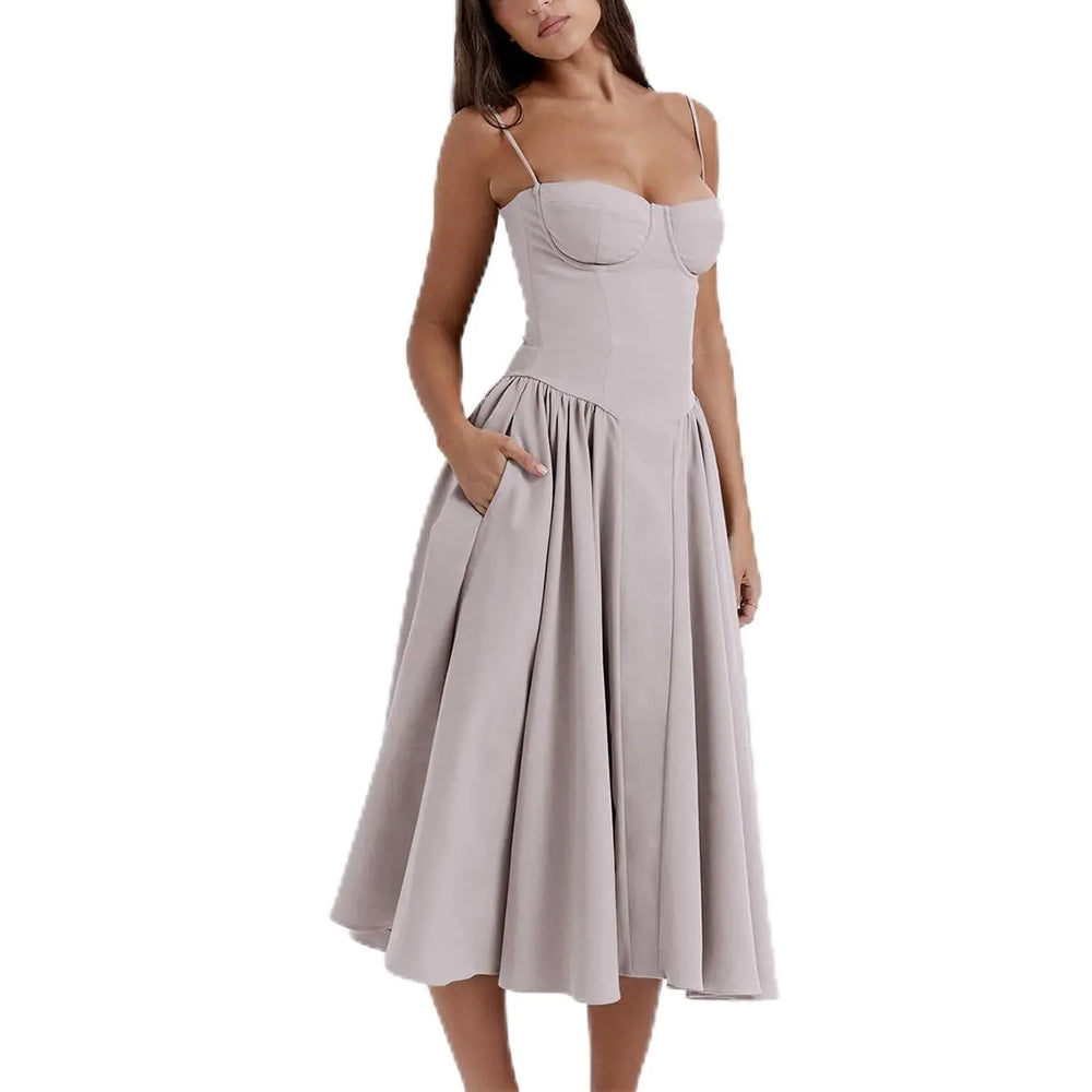 Spaghetti Strap Bustier Midi Dress with Pockets Light Gray