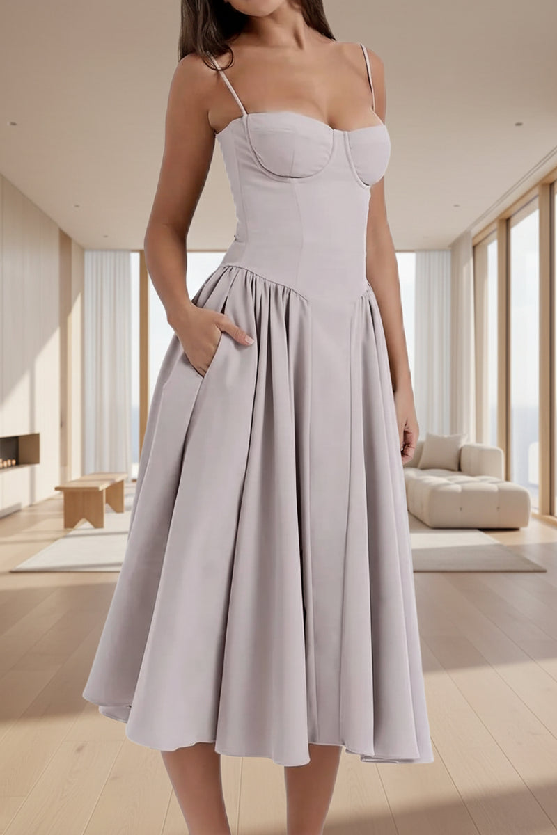 Spaghetti Strap Bustier Midi Dress with Pockets Light Gray
